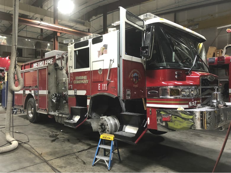 This Saturday, July 14, 2018, photo released by Sacramento Metro Fire shows their stolen fire truck being repaired at the Fleet Maintenance Division in McClellan, Calif,